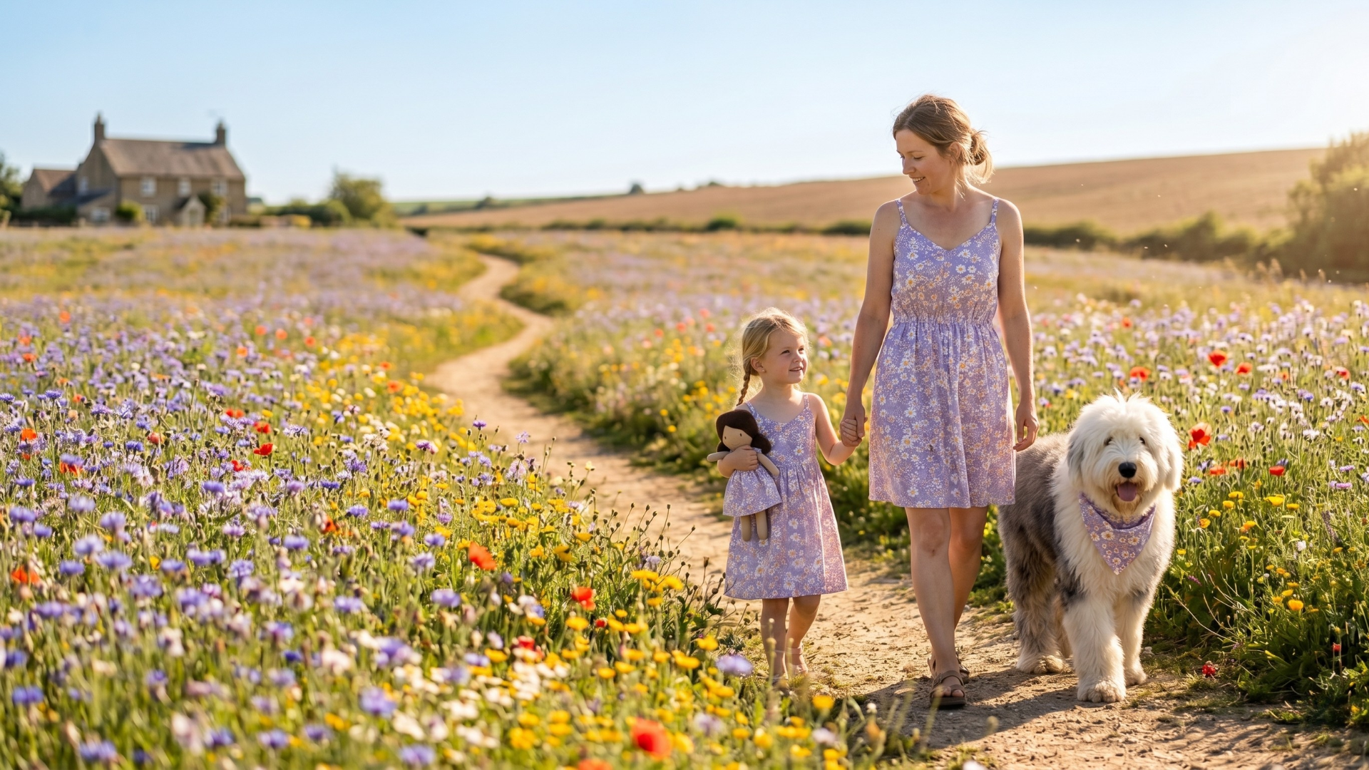 A mom, a daughter and a dog walking on the field of flower